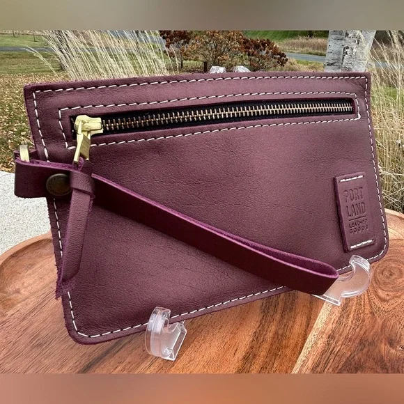 Portland Leather Goods Large Wristlet Clutch Metallic Wine Full-Grain Leather - Picture 2 of 8